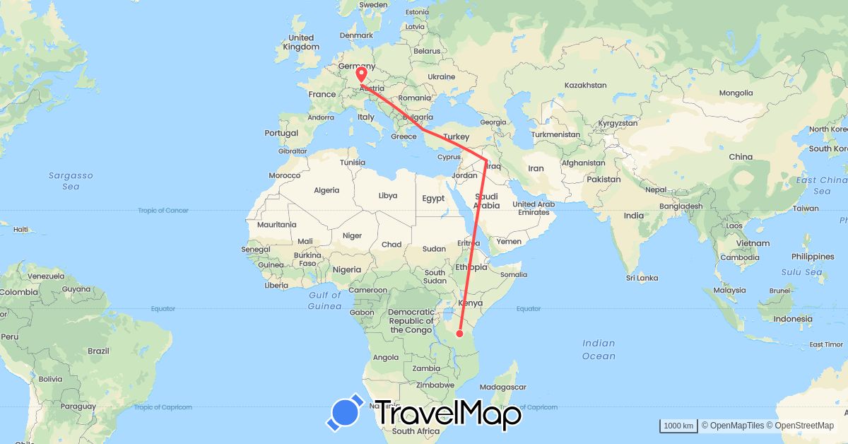 TravelMap itinerary: driving, hiking in Germany, Iraq, Turkey, Tanzania (Africa, Asia, Europe)
